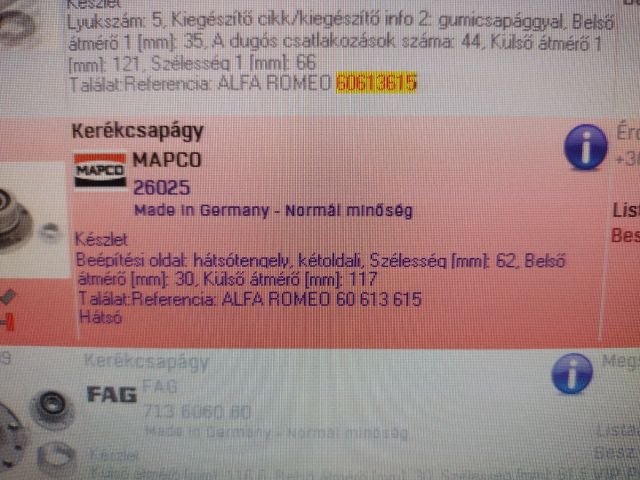 bontott ALFA ROMEO SPIDER Kerékcsapágy