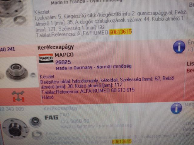 bontott ALFA ROMEO SPIDER Kerékcsapágy