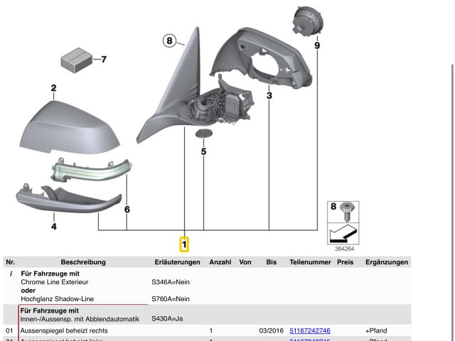 bontott BMW 1 Bal Visszapillantó Tükör (Elektromos)