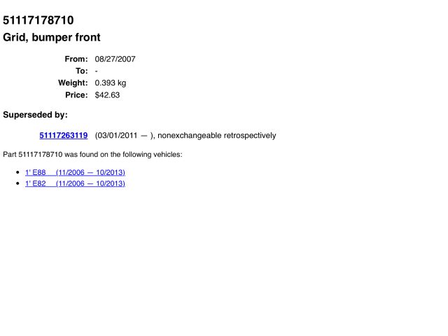 bontott BMW 1 Első Lökhárító Alsó Középső Díszrács