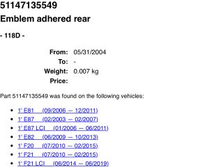 bontott BMW 1 Hátsó Embléma