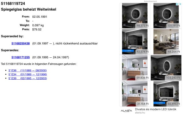 bontott BMW 3 E36 Bal Tükörlap