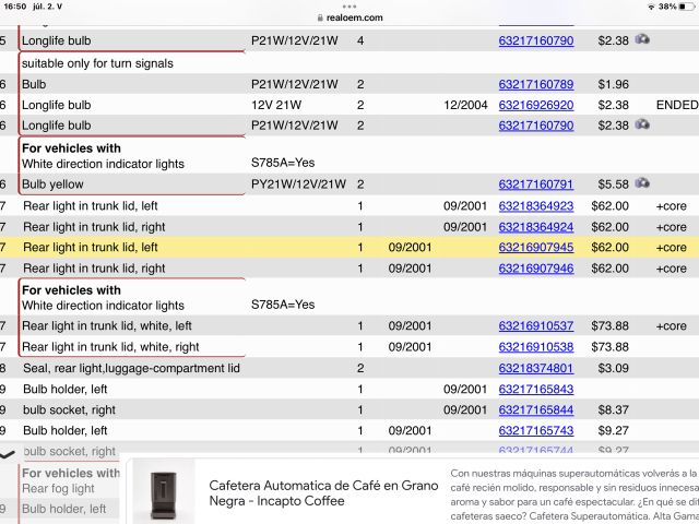 bontott BMW 3 E46 Bal Belső Hátsó Lámpa