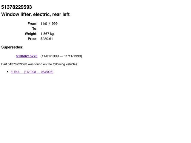 bontott BMW 3 E46 Bal hátsó Ablakemelő Szerkezet (Elektromos)
