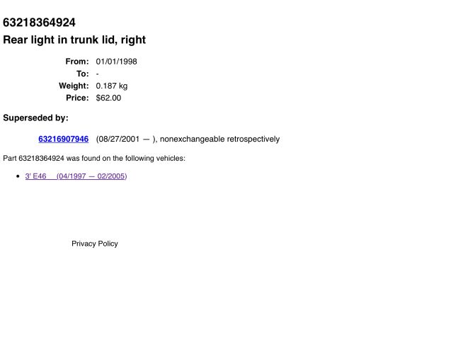 bontott BMW 3 E46 Jobb Belső Hátsó Lámpa