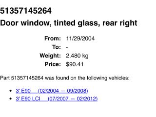 bontott BMW 3 E90 Jobb hátsó Ablak