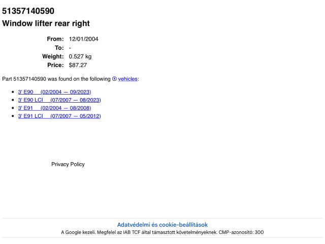 bontott BMW 3 E90 Jobb hátsó Ablakemelő Szerkezet (Elektromos)