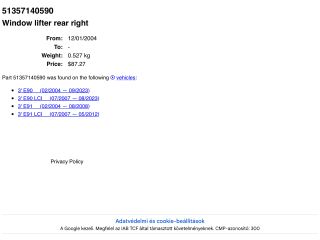 bontott BMW 3 E90 Jobb hátsó Ablakemelő Szerkezet (Elektromos)