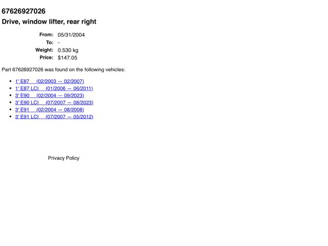 bontott BMW 3 E90 Jobb hátsó Ablakemelő Szerkezet (Elektromos)