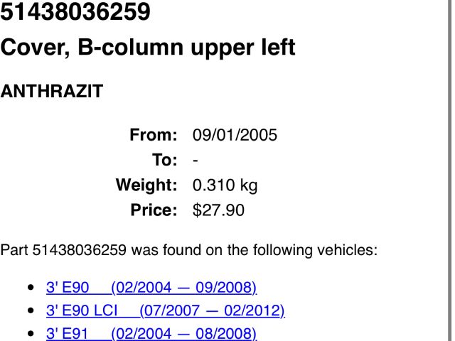 bontott BMW 3 E91 Bal B Oszlop Burkolat