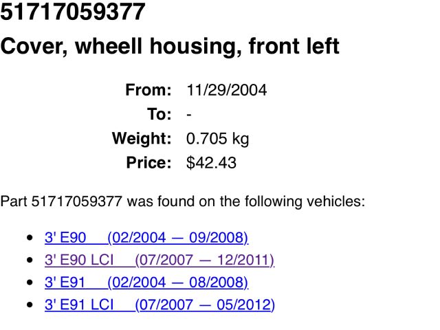 bontott BMW 3 E91 Bal első Hátsó Dobbetét (Kerékjárati, Műanyag)