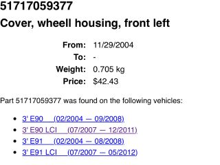 bontott BMW 3 E91 Bal első Hátsó Dobbetét (Kerékjárati, Műanyag)