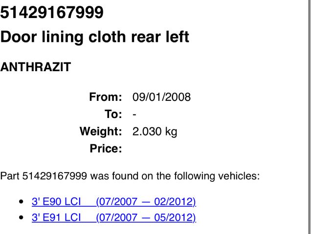 bontott BMW 3 E91 Bal hátsó Ajtó Kárpit