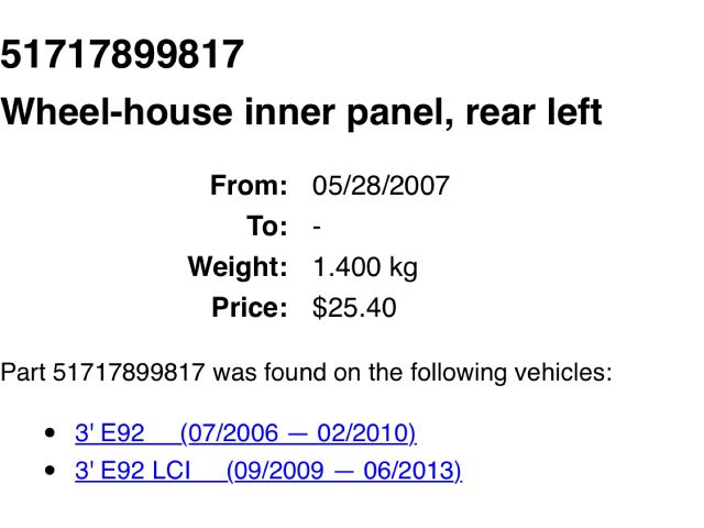 bontott BMW 3 E92 Bal hátsó Dobbetét (Kerékjárati, Műanyag)