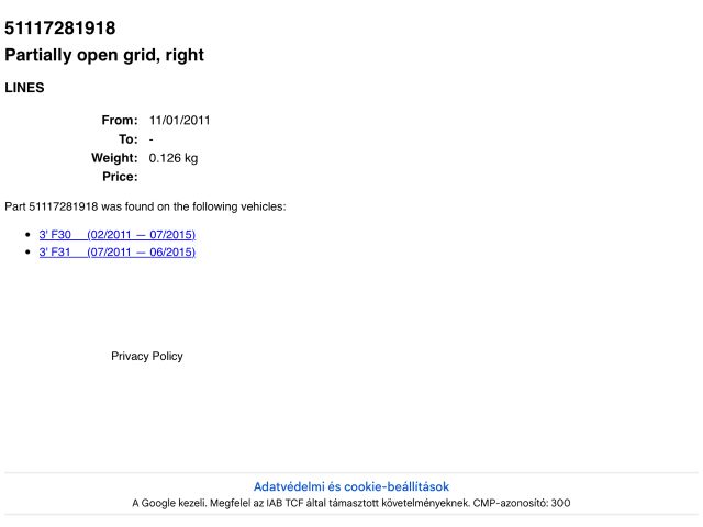 bontott BMW 3 F30-F35 Jobb Szellőző Keret