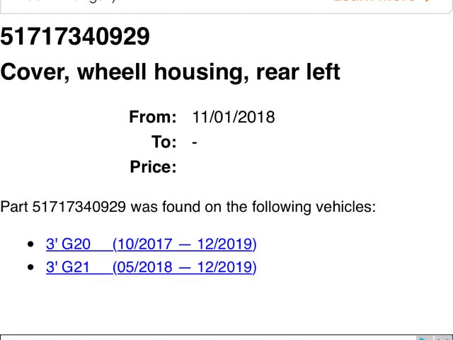 bontott BMW 3 G20-G80 Bal hátsó Dobbetét (Kerékjárati, Műanyag)