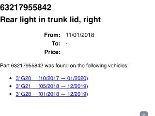 bontott BMW 3 G20-G80 Jobb Belső Hátsó Lámpa