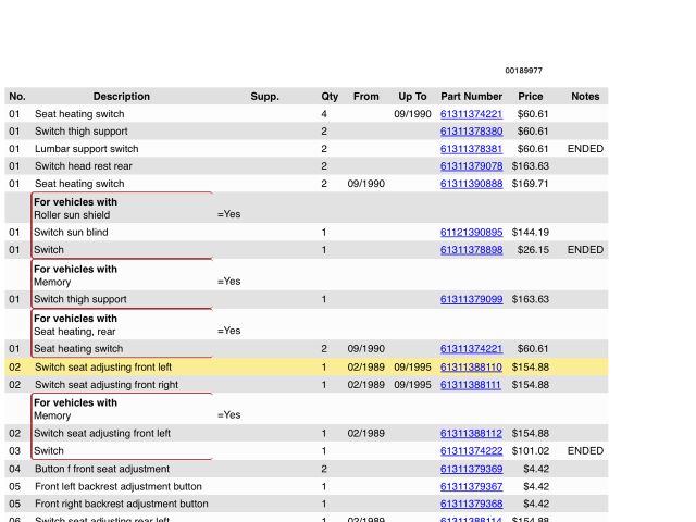bontott BMW 5 E34 Bal első Ülésállító Kapcsoló