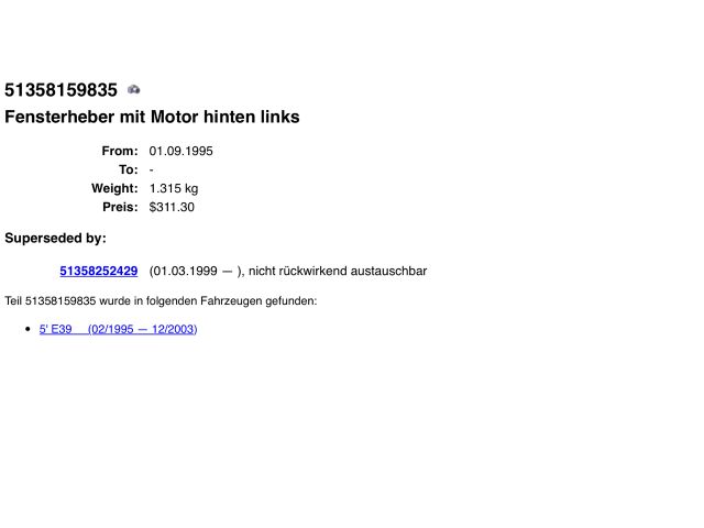 bontott BMW 5 E39 Bal hátsó Ablakemelő Szerkezet (Elektromos)