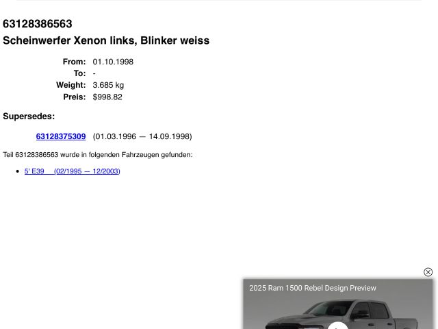bontott BMW 5 E39 Bal Xenon Fényszóró