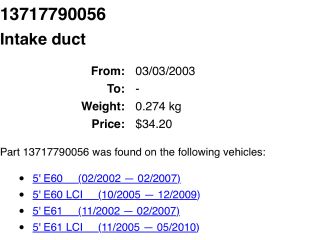 bontott BMW 5 E60 Légbeömlő Cső