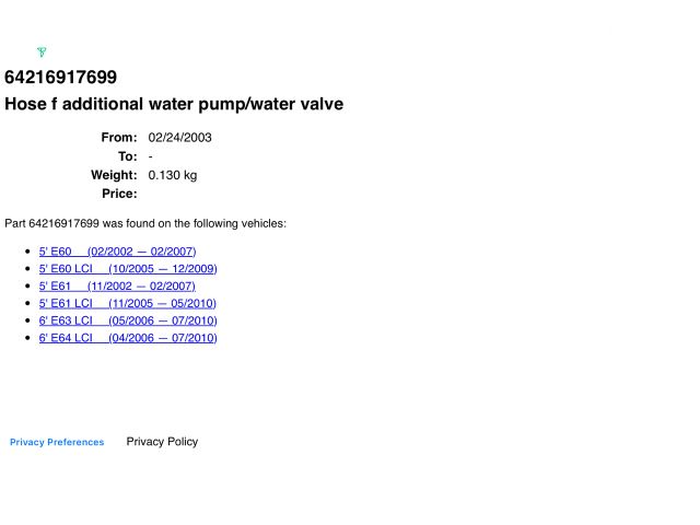 bontott BMW 5 E60 Vízcső