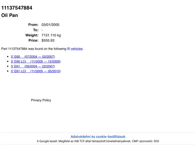 bontott BMW 5 E60 Olajteknő