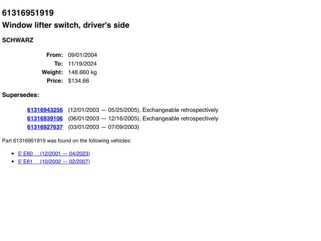 bontott BMW 5 E60 Bal első Ablakemelő Kapcsoló