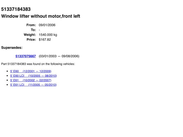 bontott BMW 5 E60 Bal első Ablakemelő Szerkezet (Elektromos)