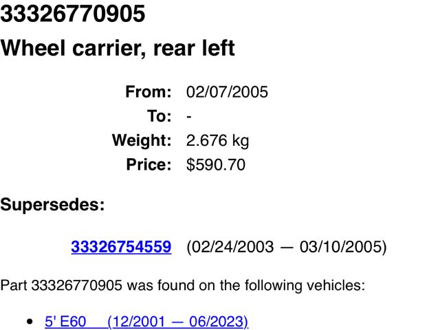 bontott BMW 5 E60 Bal hátsó Csonkállvány Kerékaggyal