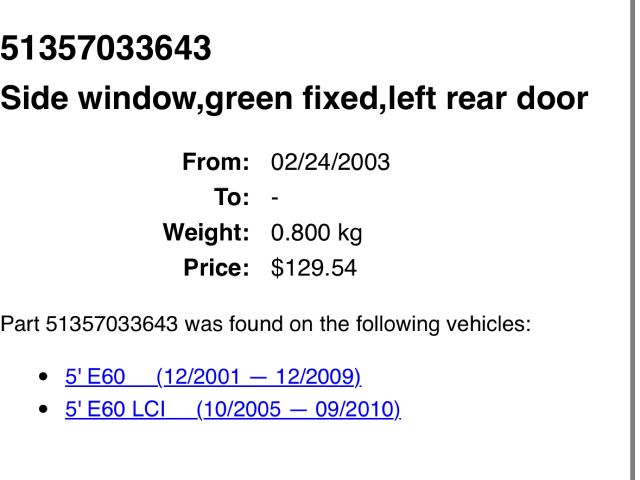 bontott BMW 5 E60 Bal hátsó Fixüveg (Ajtóban)