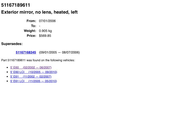 bontott BMW 5 E60 Bal Visszapillantó Tükör (Elektromos)