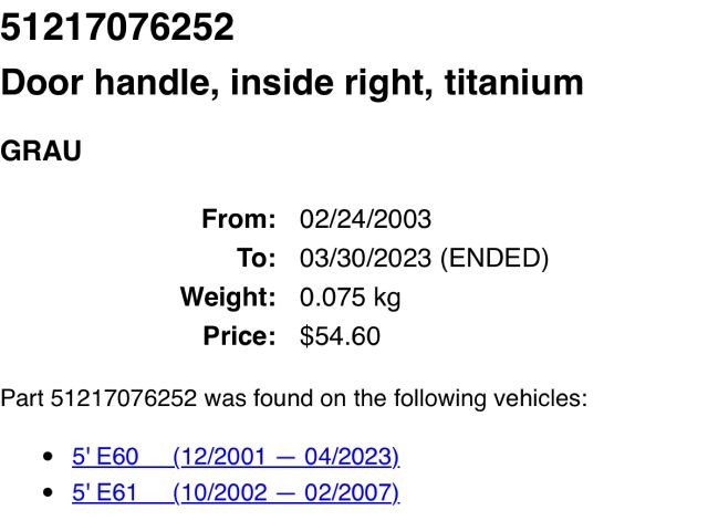 bontott BMW 5 E60 Jobb első Belső Kilincs