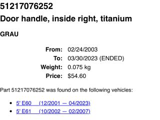 bontott BMW 5 E60 Jobb első Belső Kilincs