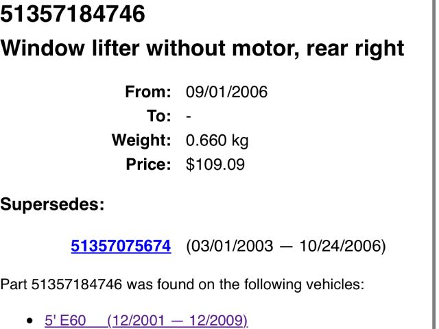 bontott BMW 5 E60 Jobb hátsó Ablakemelő Szerkezet (Elektromos)