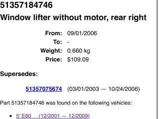 bontott BMW 5 E60 Jobb hátsó Ablakemelő Szerkezet (Elektromos)