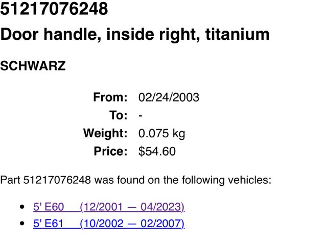 bontott BMW 5 E60 Jobb hátsó Belső Kilincs