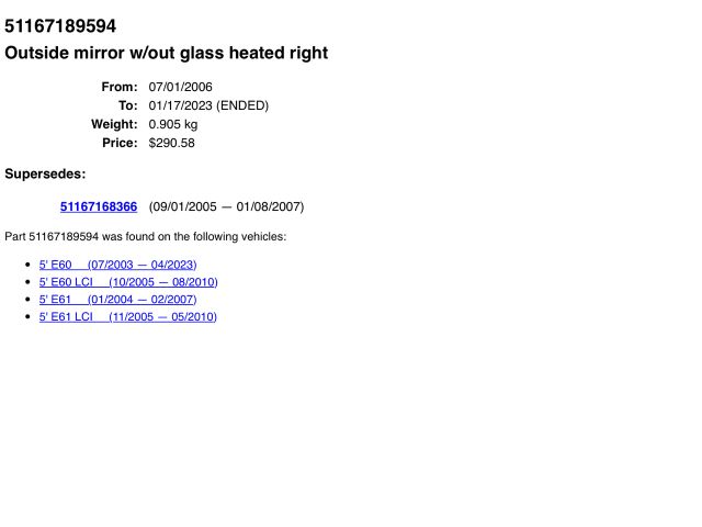 bontott BMW 5 E60 Jobb Visszapillantó Tükör (Elektromos)