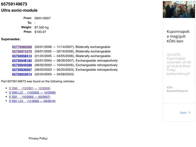 bontott BMW 5 E61 Riasztó Ultrahang Érzékelő