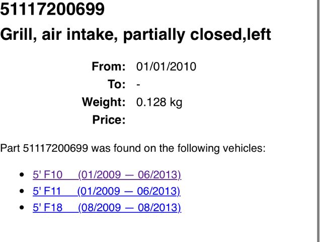 bontott BMW 5 F10 Bal Ködlámpa Rács