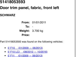 bontott BMW 5 F10 Bal első Ajtó Kárpit