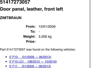 bontott BMW 5 F10 Bal első Ajtó Kárpit