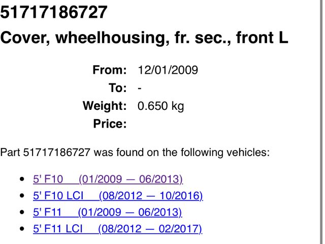 bontott BMW 5 F10 Bal első Első Dobbetét (Kerékjárati, Műanyag)