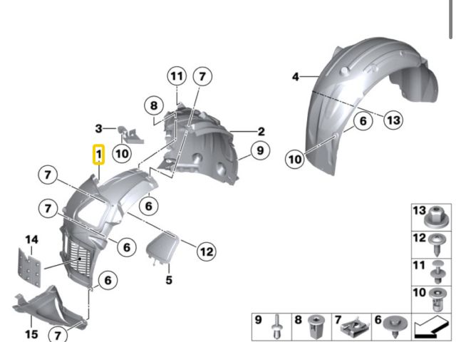 bontott BMW 5 F10 Bal első Első Dobbetét (Kerékjárati, Műanyag)