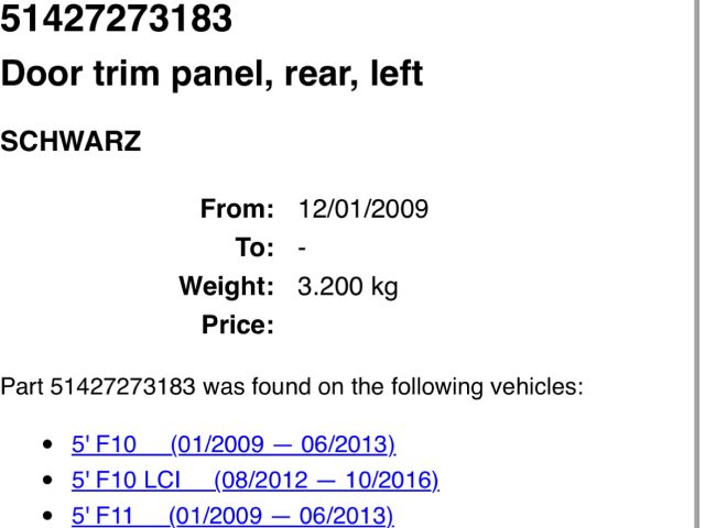 bontott BMW 5 F10 Bal hátsó Ajtó Kárpit