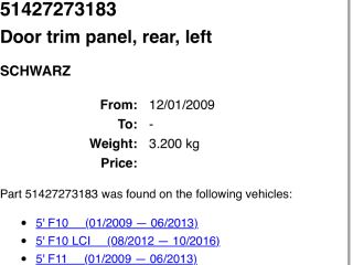 bontott BMW 5 F10 Bal hátsó Ajtó Kárpit