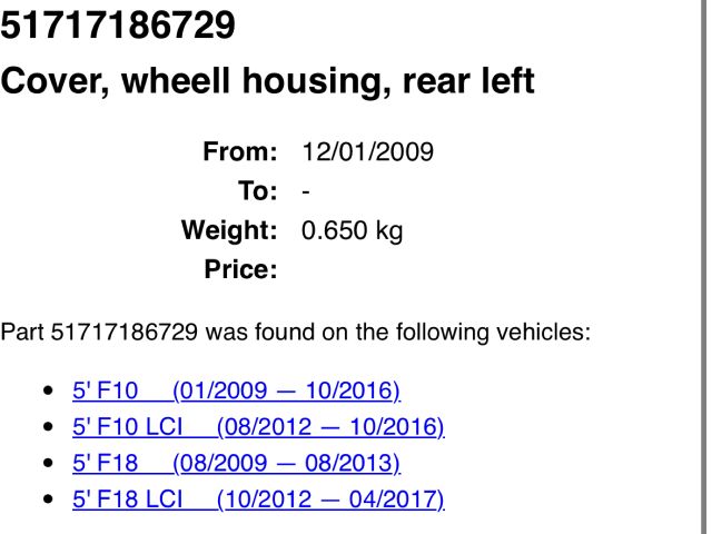 bontott BMW 5 F10 Bal hátsó Dobbetét (Kerékjárati, Műanyag)