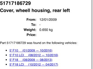 bontott BMW 5 F10 Bal hátsó Dobbetét (Kerékjárati, Műanyag)