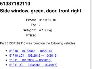 bontott BMW 5 F10 Jobb első Ablak