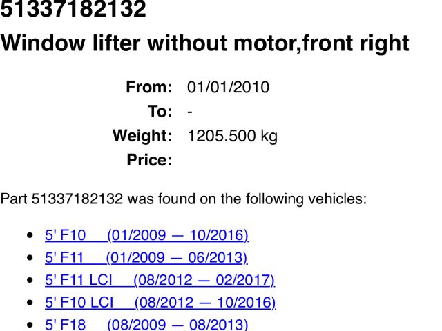 bontott BMW 5 F10 Jobb első Ablakemelő Szerkezet (Elektromos)